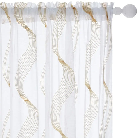 52 in. x 96 in. Beige Elegantly Embroidered Striped Rod-Pocket Sheer Curtains (2 Panels)