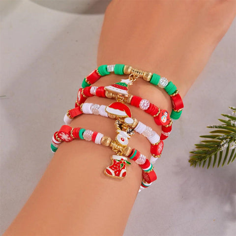 4Pc/Set Merry Christmas Tree Santa Claus Bracelet For Women Xmas Deer Crystal Polymer Clay Beads Woven Bracelet New Year Jewelry