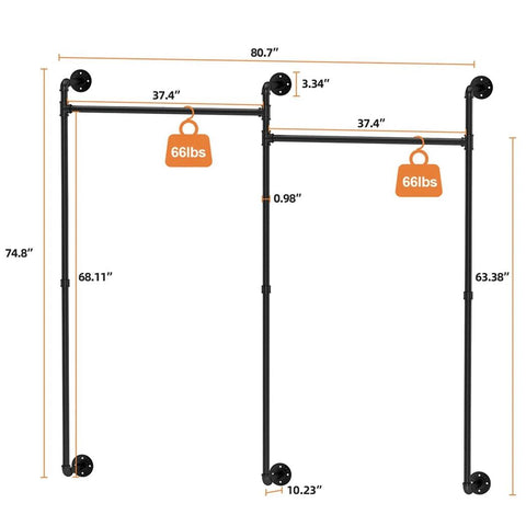 Industrial Pipe Clothing Rack Metal Black Wall mounted Clothes Hanging Rack