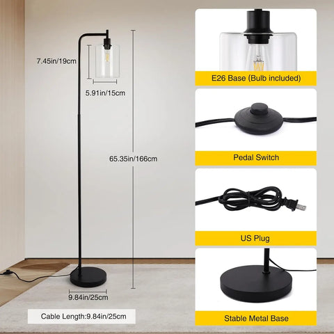 Industrial Floor Lamp Dimmable Modern Floor Lamp With Transparent Glass Shade ,Remote Control And Foot Switch, 6w Spotlight