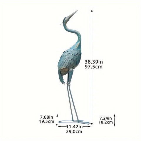 Garden Crane Statue For Outdoor, Metal Bird Yard Art, Standing Sculpture For Backyard Patio Lawn Decoration, Cyan