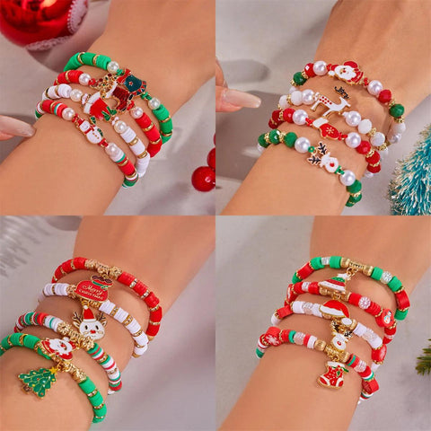 4Pc/Set Merry Christmas Tree Santa Claus Bracelet For Women Xmas Deer Crystal Polymer Clay Beads Woven Bracelet New Year Jewelry