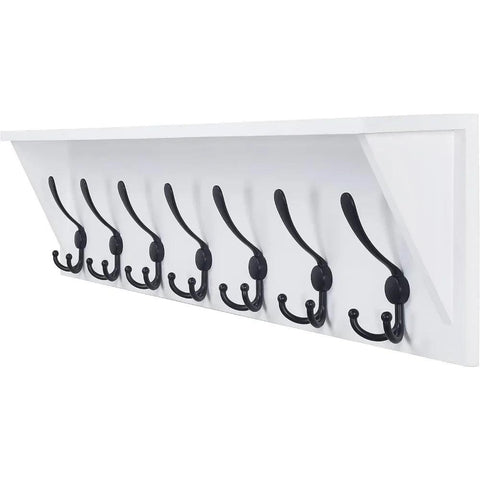 Hat rack wall mounted shelf, with 7 three hook 35 inch heavy-duty wooden entrance shelves, with hooks, white