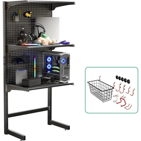 DDB Gaming Standing Shelf Units, 30‘’ Free Standing Gaming Shelf Pegboard Cabinet with Home Office Metal Pegboard and 15 Pieces