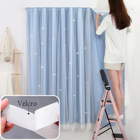 YanYangTian Star Curtain Blackout Partition Window Hanging ring for Bedroom Living room With gauze pink Simple Decor curtain