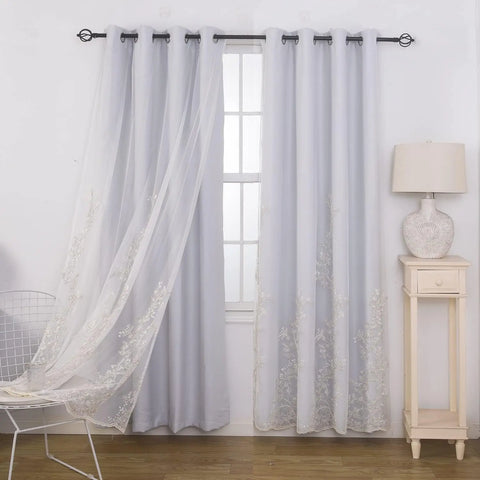 Double Layered Curtains with Embroidered White Sheer Tulle, Room Darkening Grommet Top Curtains Drapes, 2Panels