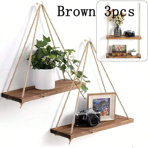 1PC Wooden Swing Hanging Hemp Rope Wall Shelve Mounted Floating Home Living Room Plant Flower Pot Tray Storage Garden Decoration