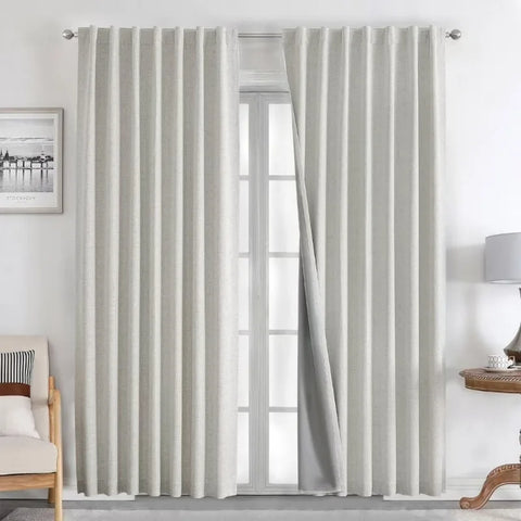 Blackout Linen Curtains Long 100% Blackout Drapes 95 inch Length 2 Panels Set