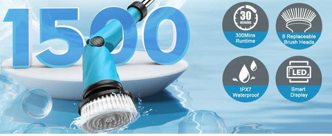 1500 RPM Battery Electric Spin Scrubber with Handle, 8 Replaceable Shower Scrubber & 2 Battery Powered Cleaning Brush wi