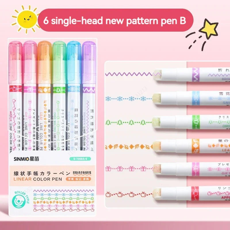 6Pcs/Set Flower Line Shape Highlighter Pen Roller Tip Curve Liner Marker Kawaii Korean Stationery School Office Supplies Gifts