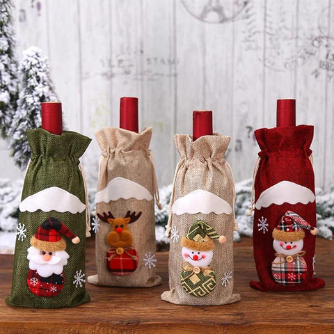 Creative Christmas Wine Bottle Set Golden Velvet Dress Wine Bottle Covers Sleeve Santa Snowman Xmas New Year Dinner Table Decor