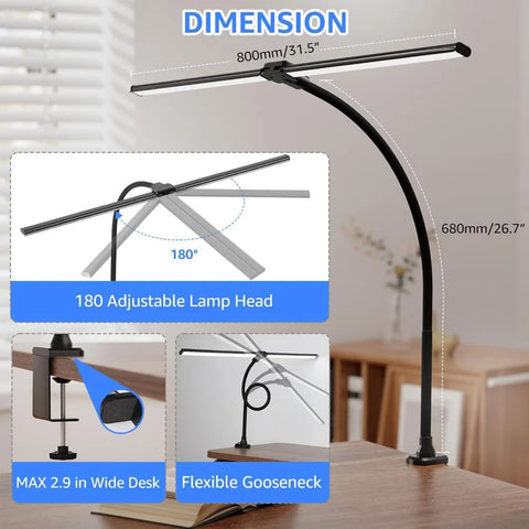 ShineTech Led Desk Lamp for Office Home, Bright Double Head Desk Light with Clamp, Architect Task Lamp 50 Lighting Modes Adjusta