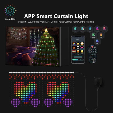 Smart Curtain Christmas Light String Bluetooth APP Application RGB IC Control DIY Graphic LED Display Curtain Decoration Light