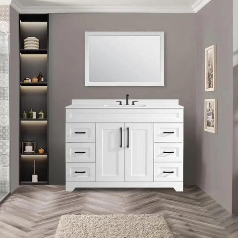 48" Luxurious Bathroom Vanity with White Stone Countertop and rectangle Sink and Back Splash,2 Soft Closing Doors