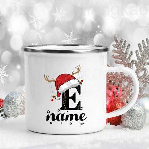 Personlized Christmas Cup Initial with Name Hot Cocoa Chocolate Mug Drink Jiuce Enamel Mugs Xmas Gifts for Kids Friends Family