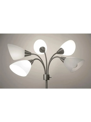 Five Light Floor Lamp, Brushed Steel, White Frosted Plastic Shade Room Decor