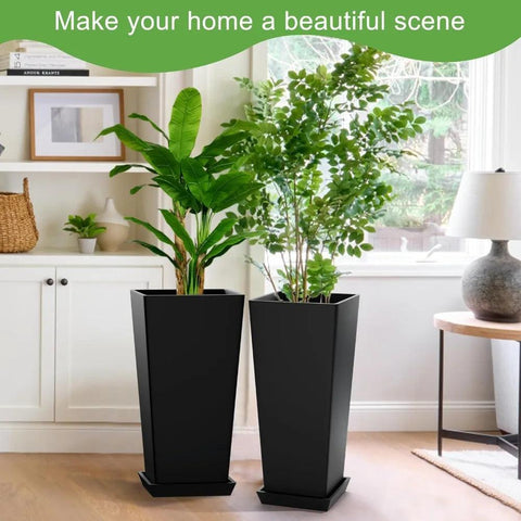 Set of 2 Tall Outdoor Planters 24 Inch, Large Planters for Indoor Outdoor Plants, Tapered Square Flower Pots with Tray for Patio