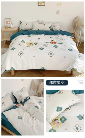 Cute Double Cotton Bedding Set with Four-Piece Linens, Pillowcase, Textile for Girl's Dormitory Bedclothes