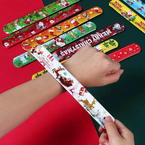 12pcs Christmas Slap Bracelets Santa Claus Snowman Elk Tree Printed Colorful PVC Wristband Child Kids Gifts Xmas Party Supplies