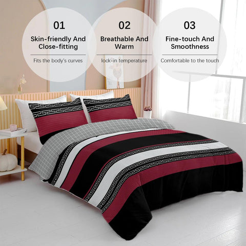 3pc Red Black and White Stripe Design Bedding Set Quilt Cover with Zipper Closure 1 Duvet Cover and 2 Pillowcases