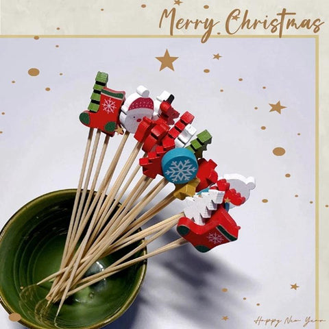 Christmas Disposable Bamboo Stick Cake Salad Fruit Food Toothpicks Christmas New Year Decor Christmas Party Decor 100PCS