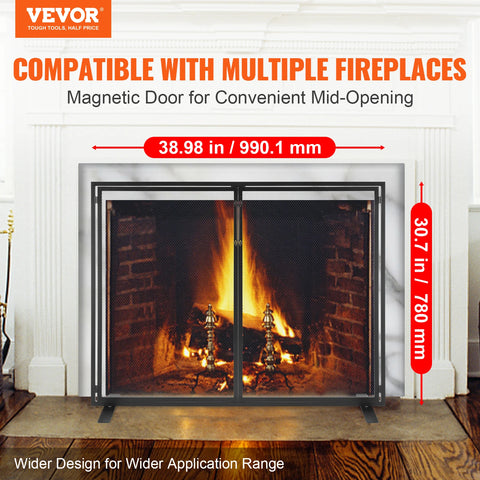 VEVOR Fireplace Screen 1 Panel with Door Iron 38.98inch(L) x30.7inch(H) Spark Guard Cover For Living Room Home Decor Moder