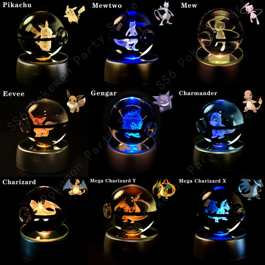 Pokemon Crystal Ball 3D Pikachu Gengar Mew Mewtwo Lamp Base Pokeball Crystal Pokemon Glass Ball Figure Night Light Birthday Gift