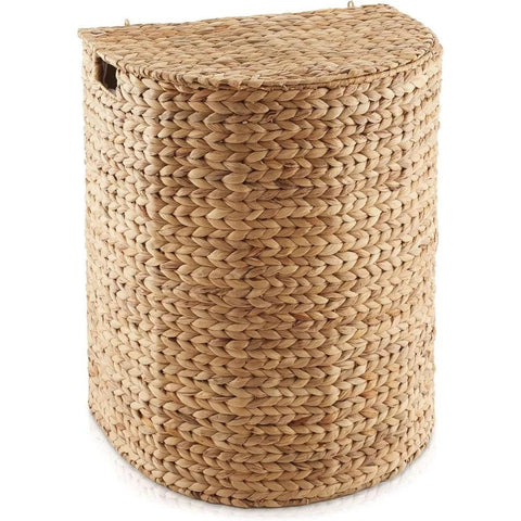 Half Moon Laundry Hamper with Lid and Removable Liner Bag - Natural, Woven Water Hyacinth Laundry Basket for Clothes