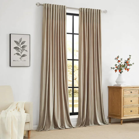 100% Full Blackout Champagne Beige Velvet Curtains 108 inch Long ,Set of 2 Liner Rod Darkening Heavy Decorative Curtains