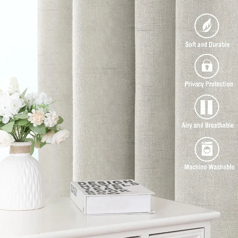 Natural Linen Curtains 108 inches Long for Living Room 2 Panels Back Tab Loop Pocket Linen Textured Light Filtering