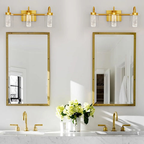 Brushed Gold Vanity Lights, Bathroom Light Fixtures Crystal Bubble Glass Dimmable 3 Color Temperatures Modern Wall Sconce