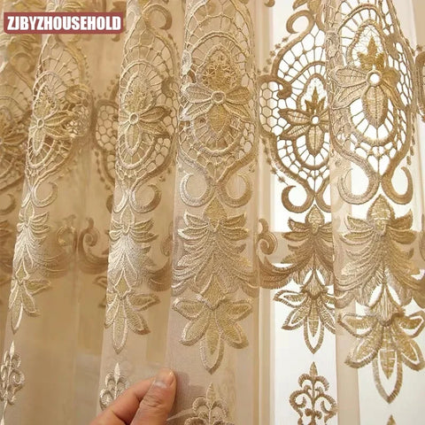 European Royal Beige Luxury Tulle Curtains for Living Room Bedroom Window Screen Elegant Drapes Home Decor High-end Yarn