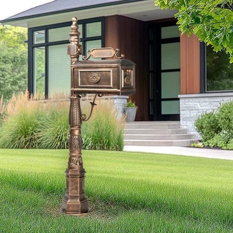 Decorative Large Mailbox with Post, Heavy Duty Cast Aluminum Postal Mail Box with Address Plaque, Antique Bronze