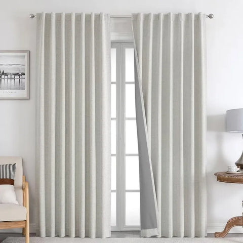 Blackout Linen Curtains Long 100% Blackout Drapes 95 inch Length 2 Panels Set