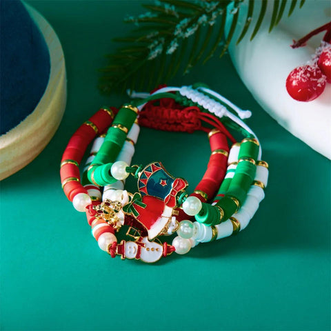 4Pc/Set Merry Christmas Tree Santa Claus Bracelet For Women Xmas Deer Crystal Polymer Clay Beads Woven Bracelet New Year Jewelry