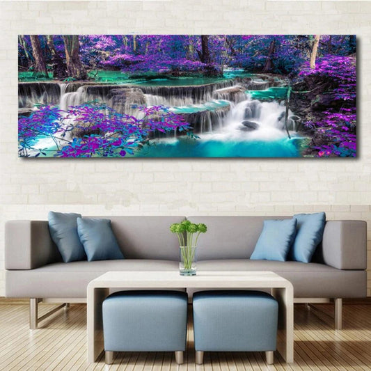 Framless Landscape HD Spray Painting Oil Painting Natural Waterfall Canvas Painting Purple Trees Forest Posters Prints Wall Arts