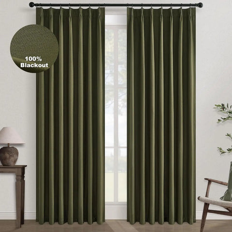 Pleated Curtains 96 Inch Long, 100% Blackout Thermal Insulated Natural Linen Pinch Pleat Viral Drapes with Hooks Rings 2 Panel