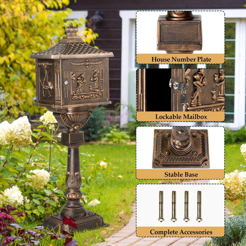 Cast Aluminum Mailbox with Post, Heavy Duty Postal Box with 2 Keys, Baffle Door, Expansion Bolts, Address Panel, In-Ground Large