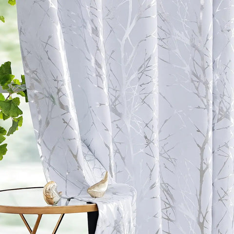 Metallic Tree Blackout Curtains Bedroom Length Living-Room Branch Print Curtain Panels Triple Weave Thermal Insulated Drapes