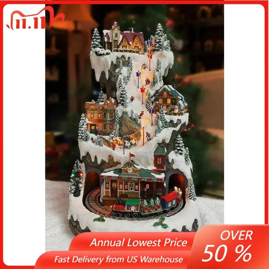 20.5“H Ski Resort Mountain Resin Christmas Village Buildings, Featuring LED Lights, Christmas Music, and Animated Train.