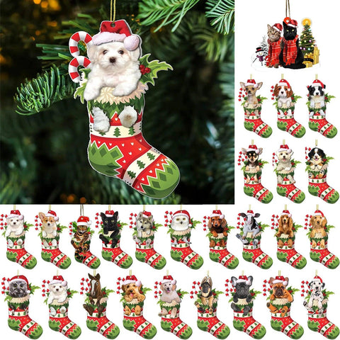 Christmas Tree Pendant Cute Stocking Dog Cat Animal Drop Ornament New Year Festive Party Supplies Room Decoration Xmas Gift