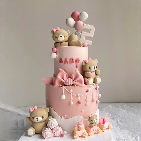 New 3D Bear Cake Topper Baby Shower Bear Decoration Boy Girl Happy 1st Birthday Party Cake Decor Gender Reveals Party Supplies