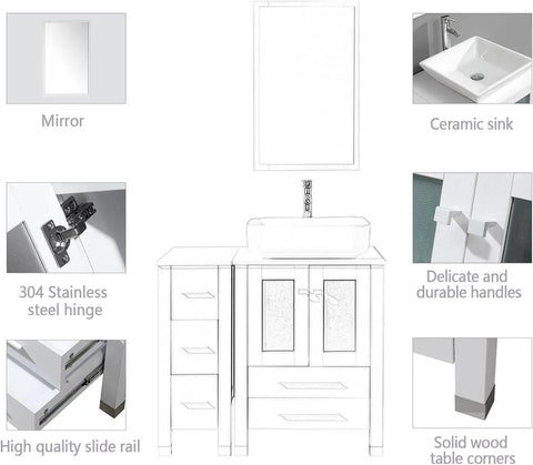 36” Bathroom Vanity Sink Combo with Free Standing Small Side Cabinet, Ceramic Vessel Sink&Water Save Faucet & Pop Up Drain&Mirro