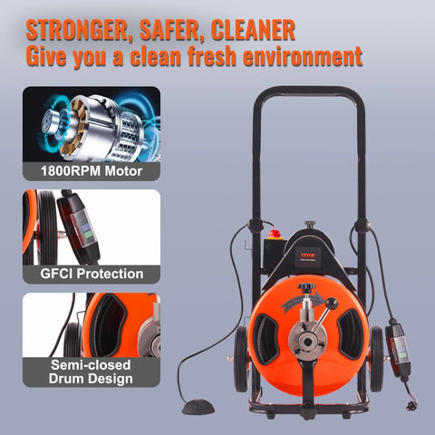 VEVOR Drain Cleaner 50FT/75FT/100FT Sewer Auger Pipe Unblocker Cleaning Machine Sinks Toilet Plunger Dredging Equipment Homeuse