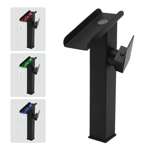 Black Tall LED Waterfall Basin Bathroom Faucet Deck Mounted Hot Cold Water Mixer Taps Three Color Change By Water Flow