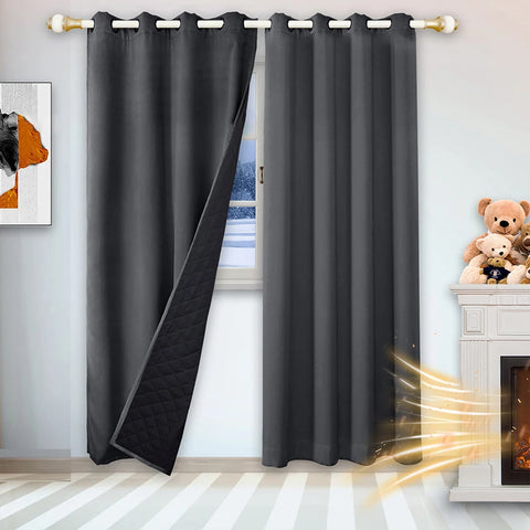 Warm Folder Cotton Curtains for Winter Thermal Insulated 100% Blackout Sound Proof Drapes with Black Backing Cold Windproof