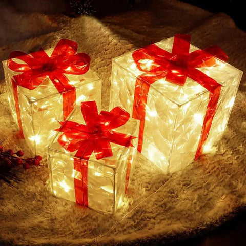 LED Lighted Christmas Gift Boxes Reusable Light Up Cube Present Box with Bow Top Xmas Festive Atmosphere Decor