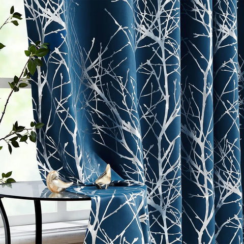 Metallic Tree Blackout Curtains Bedroom Length Living-Room Branch Print Curtain Panels Triple Weave Thermal Insulated Drapes