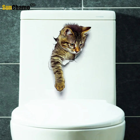 Sunchamo Cute Cat 3D Cracked Toilet Sticker Wall Stickers Fridge Car Seat  DIY Living Bath Room Home Decor Wallstickers Bedroom