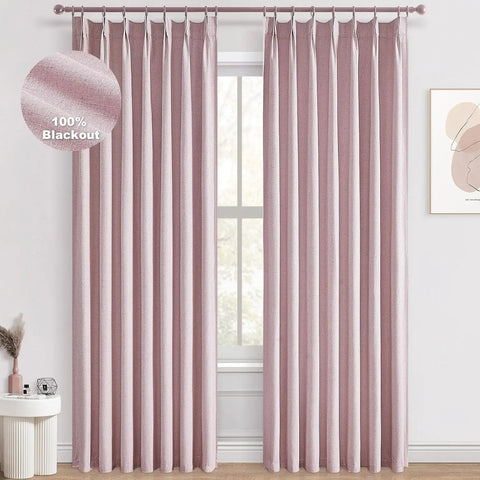 Pleated Curtains 96 Inch Long, 100% Blackout Thermal Insulated Natural Linen Pinch Pleat Viral Drapes with Hooks Rings 2 Panel